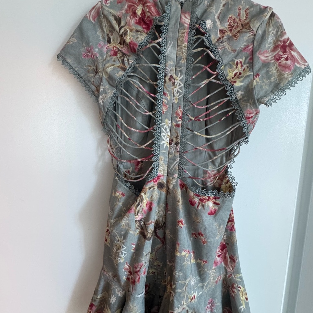 Zimmermann Gray Floral Mini Dress with Pink and Cream Accents